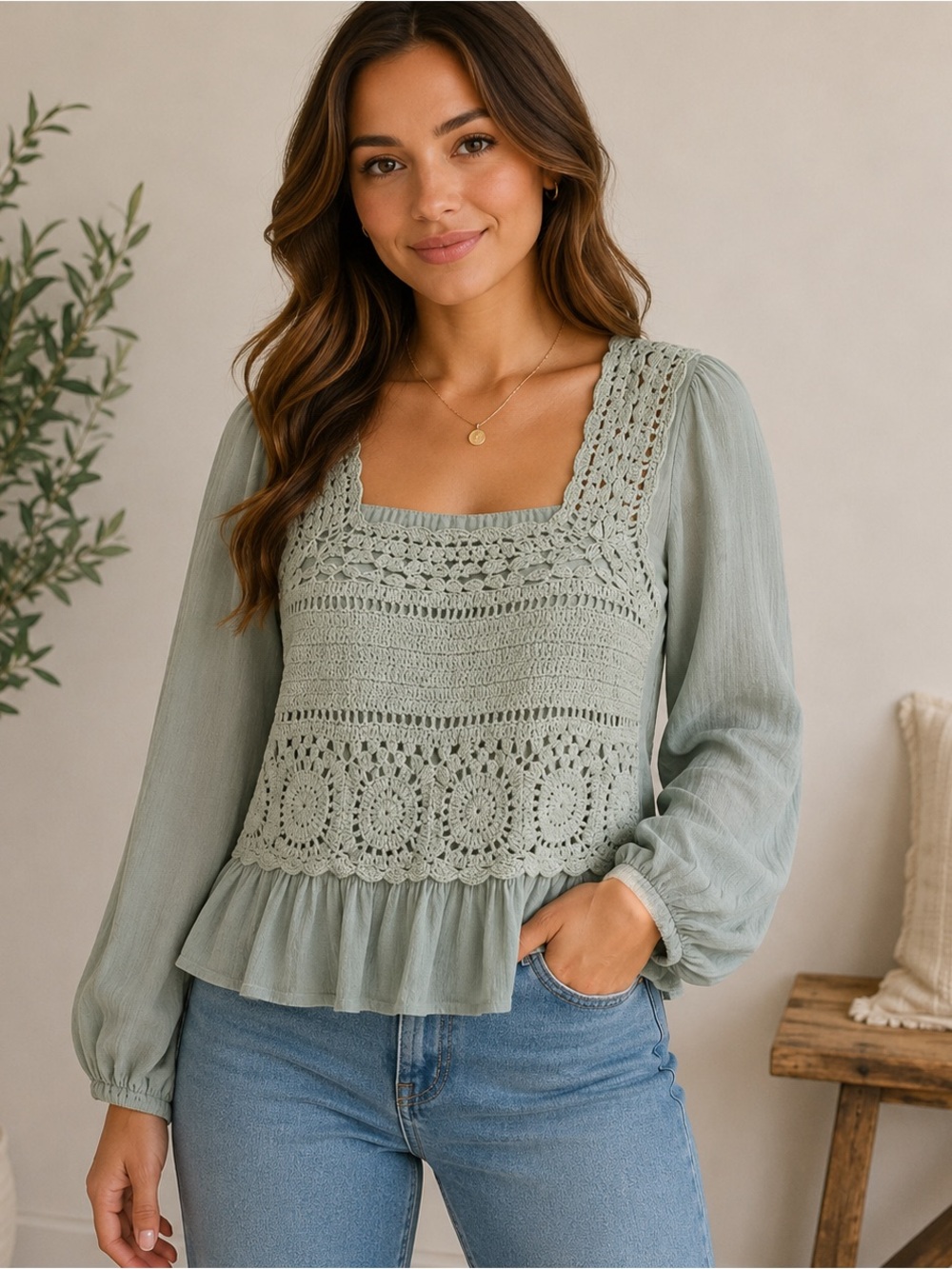Sim & Sam‎ Sage Green Crochet Peplum Top Size Medium Boho Cottagecore